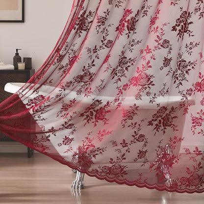 Burgundy Lace Shower Curtain for Bathroom Vintage Maroon Floral Shower Curtain with Attached Valance, Decorative Romantic Victorian Lace Bath Curtains Luxury Wine Bathroom Decor, 36 x 72 Inch, 1 Panel