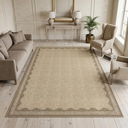 Garvee Scalloped Rug 5x7 Washable Living Room Rug Non Slip Modern Rugs Jute | Ultra Soft Non-Shedding Floor Cover Low Pile Stain-Resistant Bordered Print Throw Carpet for Bedroom Kids Room Dorm