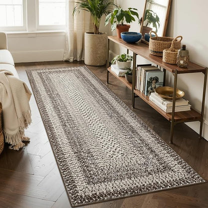 Imitation Braided Collection-Print Long Hallway Runners 2x10 Washable Area Rug, Farmhouse Rustic Bordered Area Rug Non Slip Soft Low Pile Indoor Carpet Runners for Entryways, Laundry Room