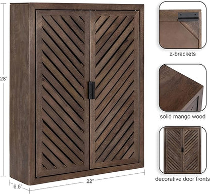 Kate and Laurel Mezzeta Decorative Modern Two-Door Floating Bathroom Cabinet; 28 x 22 x 7; Natural Wood; Decorative Over Toilet Storage Cabinet Made from Solid Mango Wood with Slatted Chevron Design