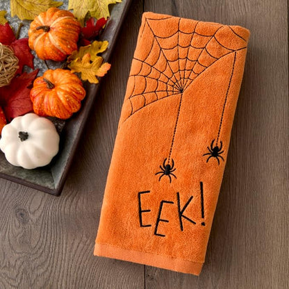 SKL Home Halloween Eek Hand Towel Set-2pc, 100% Cotton, Embroidered, Orange | Soft, embroidered velour. Great for the bathroom, kitchen or bar & gift.