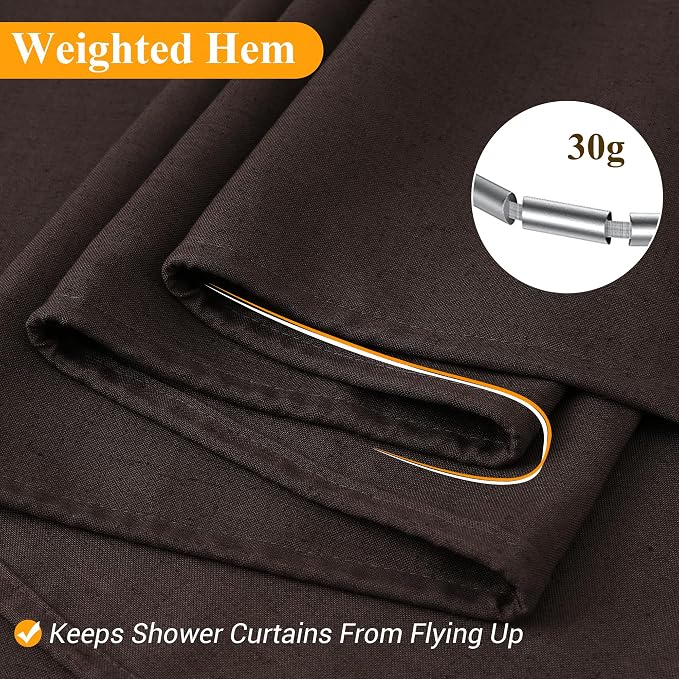 Chocolate Brown Linen Shower Curtain, Country Boho Farmhouse Bath Decor Shower Curtains Neutral Cloth Weighted Textured Fabric Bath Curtain Liner with Hooks, 72x84