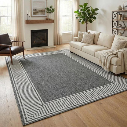 Garvee Bordered Area Rug 5x7 Washable Living Room Rug Non Slip Rugs Grey | Modern Ultra Soft Non-Shedding Floor Cover Low Pile Stain-Resistant Lines Print Throw Carpet for Bedroom Kids Room Dorm