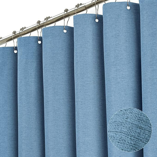 Long Linen Textured Waterproof Shower Curtain, 72x84, Moonlight Blue | Tall Size, 230GSM Polyester, Heavy Duty Cloth, Weighted Hem, 12 Plastic Hooks, Modern Luxury Hotel Style, Machine Washable