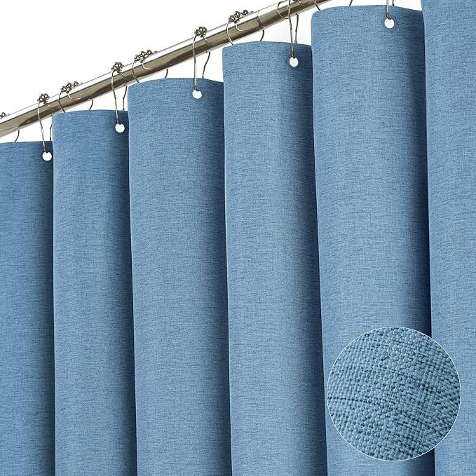 Extra Long Linen Textured Shower Curtain, 72x96, Moonlight Blue | Extra Tall Size, 230GSM Polyester, Heavy Duty Waterproof Cloth, Weighted Hem, 12 Hooks, Modern Hotel Style, Machine Washable