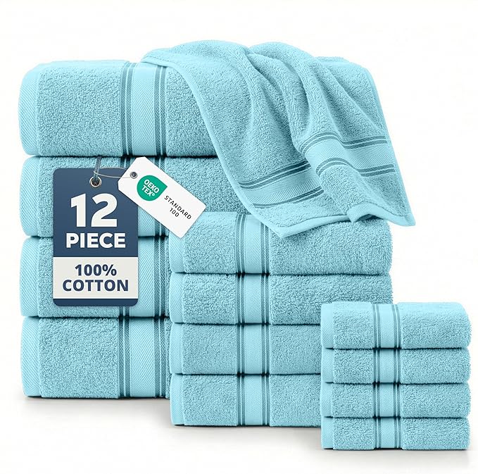 LANE LINEN Bathroom Towel Set 12 Piece Soft Absorbent Quick Dry - Blue | Pack Of Towels - Coordinated Colors, Dobby Border Accent, OEKO-TEX Certified, Zero-Twist Durability, Zero-Twist Cotton