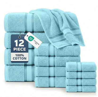 LANE LINEN Bathroom Towel Set 12 Piece Soft Absorbent Quick Dry - Blue | Pack Of Towels - Coordinated Colors, Dobby Border Accent, OEKO-TEX Certified, Zero-Twist Durability, Zero-Twist Cotton