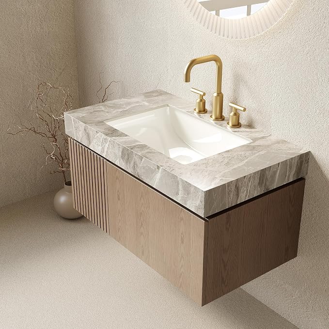 KEIKI 36 Inch Floating Bathroom Vanity with Sink, Light Brown & Grey | Modern Wall Mounted Storage Cabinet w/ Drawer & Door, Pre-assembled Wood Panels, Sintered Stone Top & Ceramic Basin Combo Set
