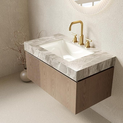 KEIKI 36 Inch Floating Bathroom Vanity with Sink, Light Brown & Grey | Modern Wall Mounted Storage Cabinet w/ Drawer & Door, Pre-assembled Wood Panels, Sintered Stone Top & Ceramic Basin Combo Set