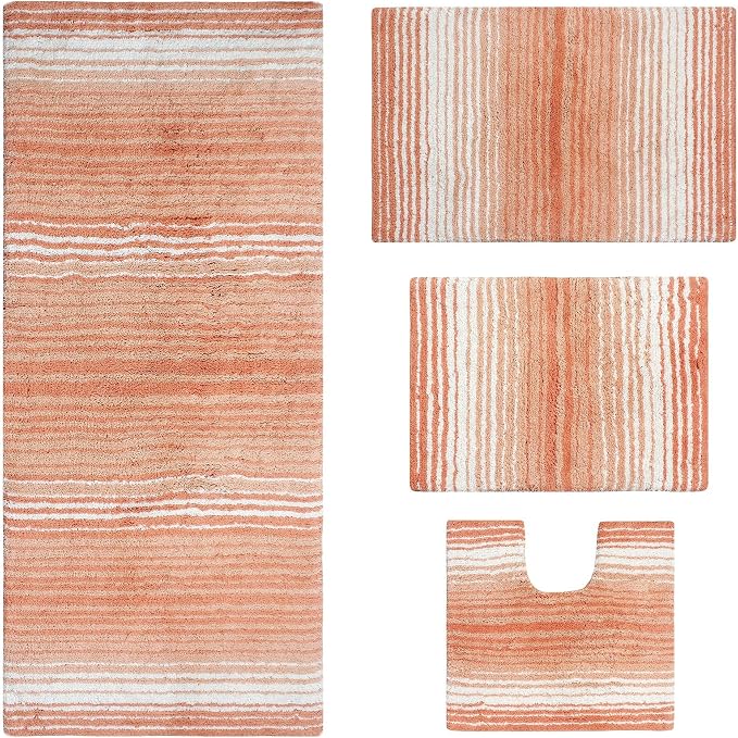 Home Weavers 100% Cotton Gradiation Collection Bathroom Décor | Washable Rug | Bathroom Mat | Kitchen Mat | Bathroom Rug Set | Bath Mat Set | Bath Floor Mat Non Slip, 4 Piece Set with Runner, Coral