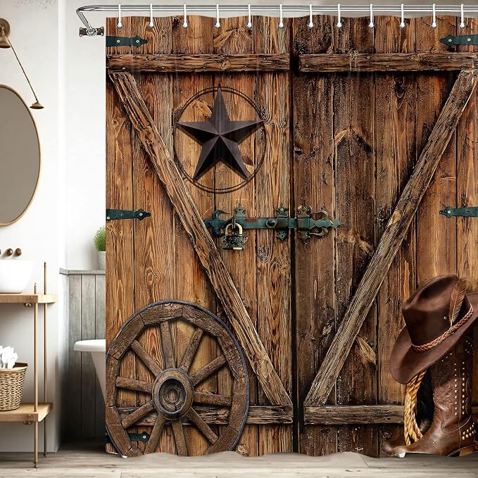 Texas Star Western Barn Door Shower Curtain Sets for Bathroom,Cowboy Hat Boots Wheel Decor Curtain, Vintage Rustic Wooden Board Farmhouse Bath Curtain with Hooks 60X70IN