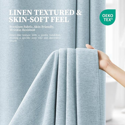 Fog Blue Ringless Linen Textured Shower Curtain with Snap Liner, 72x75 | 3 in 1 Modern Shower Curtain Set, Removable Liner, Waterproof & Washable, Mesh Top Window, Durable Fabric, Easy to Install