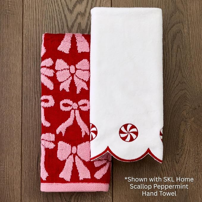 SKL Home Christmas Bow Hand Towel Set-2pc, 100% Cotton Jacquard, Red/Pink | 500 GSM. Soft, absorbent & reversible. For use in the bathroom, kitchen, or bar. Fun for Valentine's décor & holiday gifting.