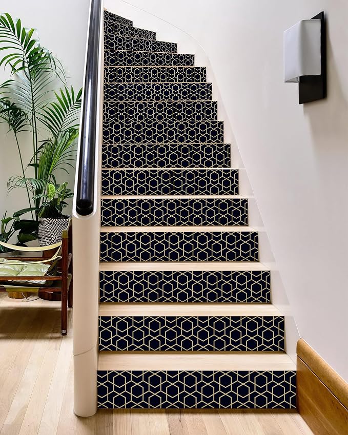 FLFK Rhombic Black and Gold Texture Stair Stickers - Set of 15, Peel and Stick Stair Riser Decals, 39.3"x7.08"