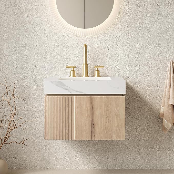 KEIKI 24 Inch Floating Bathroom Vanity with Sink, White Oak & White | Modern Wall Mounted Storage Cabinet with 2 Doors, Pre-assembled Wood Panels, Sintered Stone Top & Ceramic Basin Combo Set