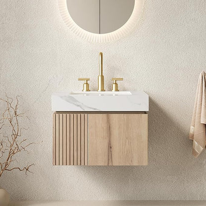 KEIKI 24 Inch Floating Bathroom Vanity with Sink, White Oak & White | Modern Wall Mounted Storage Cabinet with 2 Doors, Pre-assembled Wood Panels, Sintered Stone Top & Ceramic Basin Combo Set