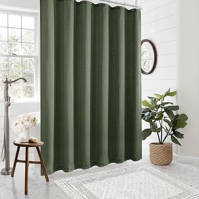 Olive Green Shower Curtain for Bathroom Water Repellent 72x80 Inch | Linen, Boho Farmhouse, Shower Curtains 80 Inches Long, Spring Decor, Hotel Bathtub, Extra Long Drapes Set with Hooks
