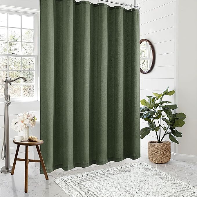 Olive Green Shower Curtain for Bathroom Water Repellent 72x84 Inch | Extra Long XLong Tall, Linen Shower Curtains 84 Inches Long, Boho Farmhouse Country, Dark Green, Bath Drapes, with Hooks