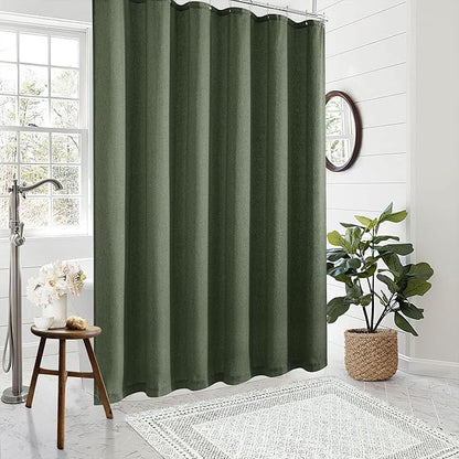 Olive Green Shower Curtain for Bathroom Water Repellent 72x84 Inch | Extra Long XLong Tall, Linen Shower Curtains 84 Inches Long, Boho Farmhouse Country, Dark Green, Bath Drapes, with Hooks