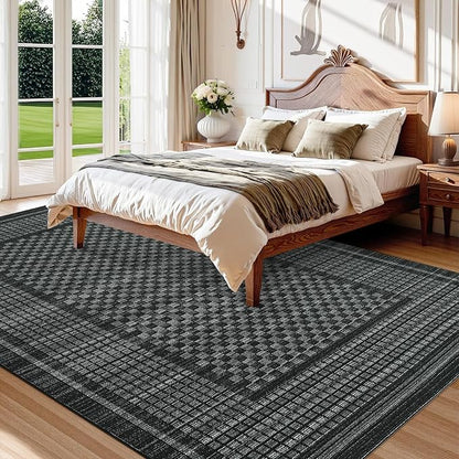 Large Area Rug 10x13 Rug for Living Room Modern Black Checkered Washable Bedroom Rug Farmhouse Non Slip Throw Rugs Soft Low Pile Stain Resistant Carpet for Dining Room Department 10'x13'