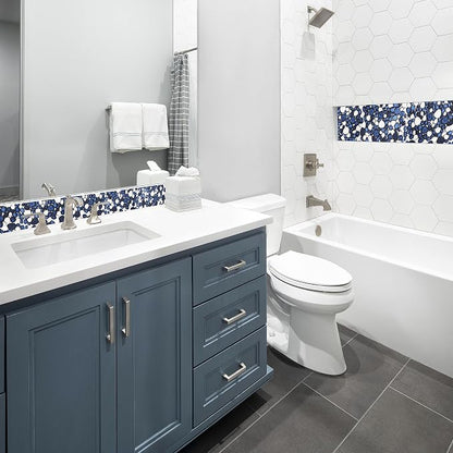 Pebble Ceramic Tiles 5 Sheets, Heart-Shaped 12x12 Floor Tile Ceramic, Dark Blue Mosaic Tiles Mesh Mounted, Waterproof Porcelain Tile Decorative for Kitchen Bath Backsplash Shower Floor Pool
