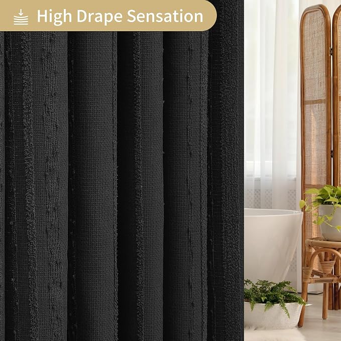 Extra Long Black Shower Curtain Boho, 72 x 78 Cotton Blend Waffle Weave Stripe Textured Heavy Duty, Fabric Shower Curtain for Bathroom