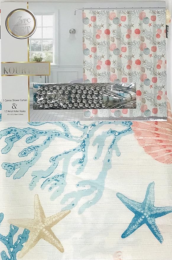 Serafina Home Coastal Fabric Shower Curtain for Bathroom: Coral Blue White Ocean Life Beach Shells Coral Sea Urchins Starfish Scallop Shells, 70" x 72" Inches, with 12 Rollerball Hooks