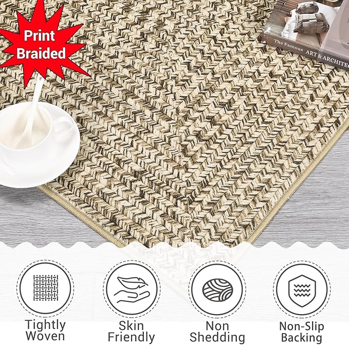 Printed Washable Area Rug 9 x 12 Rug for Living Room Modern Rugs for Bedroom Imitation Braided Large Area Rug Non Slip Throw Rugs Stain Resistant Carpet for Nursery Dining Room 9'x12' Natural