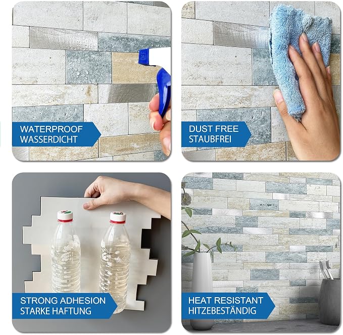 Stone Peel Stick Backsplash Tiles Kitchen Wall Blue Green 10pcs