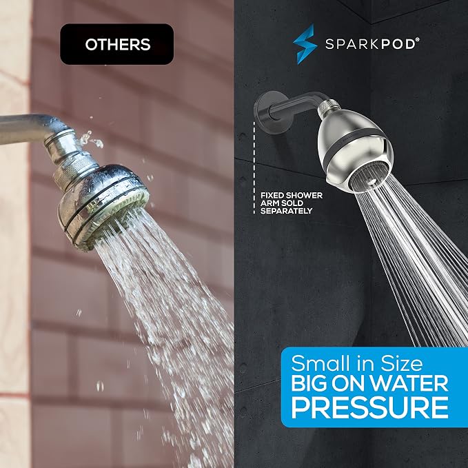 SparkPod High Pressure Shower Head, 3 Inch Fixed Showerhead, Brushed Nickel | Rain, Pulsating & Combo Modes, Helps Boosts Low Water Pressure, Anti-Clog Nozzles, Easy Install