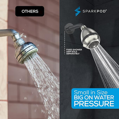 SparkPod High Pressure Shower Head, 3 Inch Fixed Showerhead, Brushed Nickel | Rain, Pulsating & Combo Modes, Helps Boosts Low Water Pressure, Anti-Clog Nozzles, Easy Install