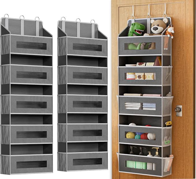 2 Pack 5 Tier Over The Door Organizer Space-Saving Storage for Any Room | Grey Hanging Closet Organizer with 10 Mesh Pockets and Clear Windows, Closet Organizers and Storage for Bathroom, Bedroom
