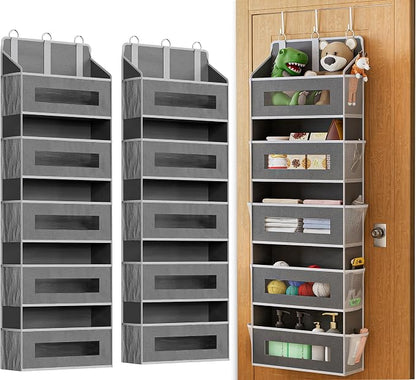 2 Pack 5 Tier Over The Door Organizer Space-Saving Storage for Any Room | Grey Hanging Closet Organizer with 10 Mesh Pockets and Clear Windows, Closet Organizers and Storage for Bathroom, Bedroom