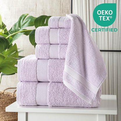 100% Turkish Cotton 6 Pcs Bath Towel Set, Luxury Soft & Absorbent Bathroom Towels Set (2 Bath Towels, 2 Hand Towels, 2 Washcloths)- Lilac