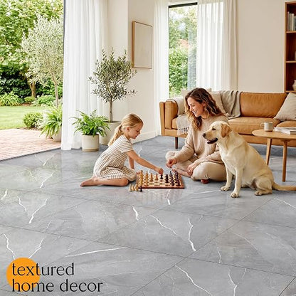 DEXDE Peel and Stick Floor Tile 18x18 Marble Vinyl Flooring Waterproof 20PC | Floor Tiles Peel and Stick Waterproof, Self Adhesive Floor Tiles, Sticky Floor Tiles Bathroom Floor Tiles 1.5FTx1.5FT Gray