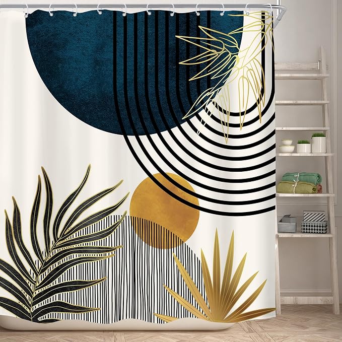 KOMLLEX Mid Century Blue Boho Abstract Modern Bathroom Shower Curtain Set | 72Wx72L Plant Botanical design, waterproof HD print with fast-drying fabric and 12 hooks.