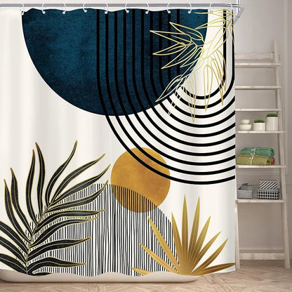 KOMLLEX Mid Century Blue Boho Abstract Modern Bathroom Shower Curtain Set | 72Wx72L Plant Botanical design, waterproof HD print with fast-drying fabric and 12 hooks.