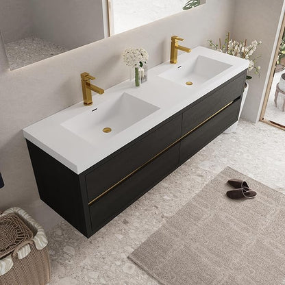 72" Wall-Mounted Bathroom Vanity with Sink | Waterproof Coating, 4 Drawers Floating Cabinet | Stone Resin Countertop & Soft Close Drawers | Modern Storage Solution,Espresso Wood