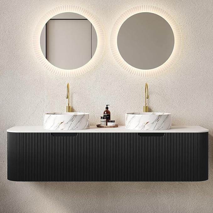 Yayzy 60" Floating Bathroom Vanity with Sink, Solid Wood Fluted Cabinet, White Marble-Patterned Ceramic Basin & Faux Marble Top, Soft-Close Drawer, Pre-Assembled, Gloss Black
