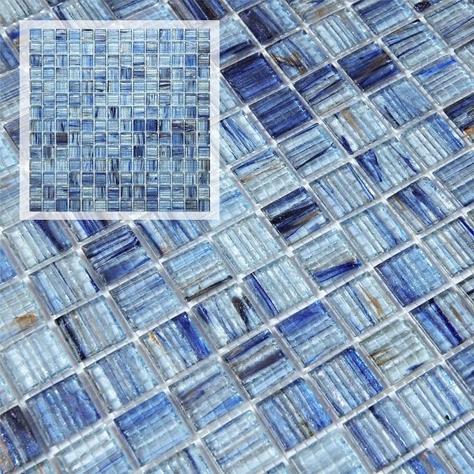 8 Sheets Glass Mosaic Tiles Backsplash, 12” x 12” Light Blue Backsplash Tile for Kitchen Bathroom Swimming Pool Shower Wall (8 sq.ft)