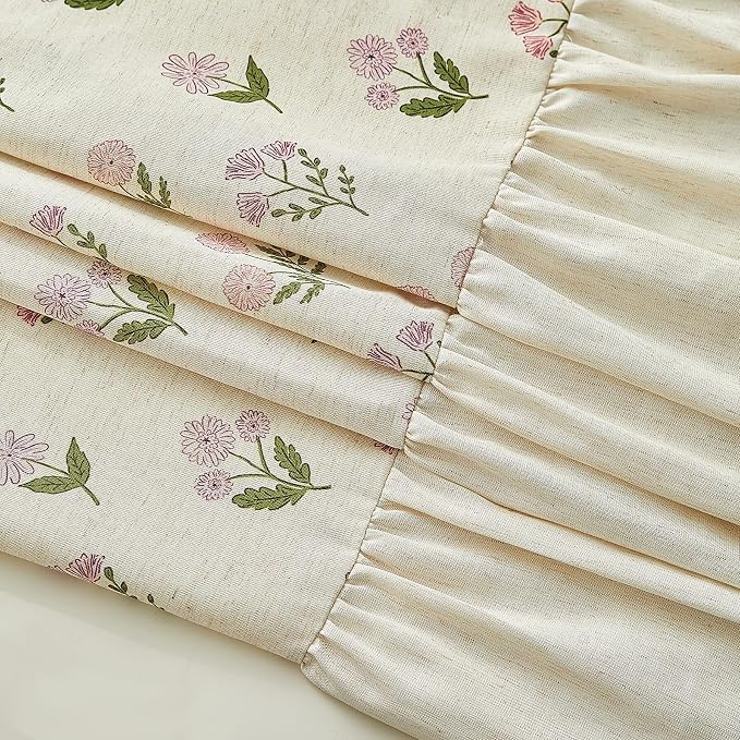 ORTIGIA Linen Textured Ruffle Shower Curtain 72x72 Inch with Metal Hooks, Vintage Pink Floral Flowers Block Print Boho Waterproof Bath Curtain for Rustic Farmhouse Bathroom Decor