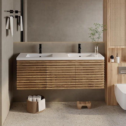 eclife 60" Floating Bathroom Vanity with Sink Combo Mid-Century Wall Mounted Cabinet with Wood Stripes Decor, Drawers, Undermount Double Sink, Faucet, Drain, Light Walnut