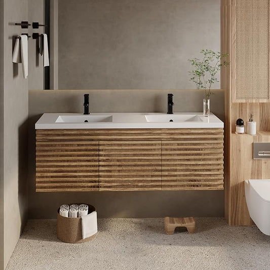 eclife 60" Floating Bathroom Vanity with Sink Combo Mid-Century Wall Mounted Cabinet with Wood Stripes Decor, Drawers, Undermount Double Sink, Faucet, Drain, Light Walnut