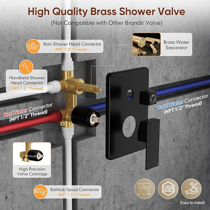 Shower System with Tub Spout, All Metal Matte Black Shower Faucet Set with Valve, 10'' Rain Shower Head with Handheld Spray, 59'' Shower Hose and Diverter, Wall Mounted Bath Tub Faucet Set
