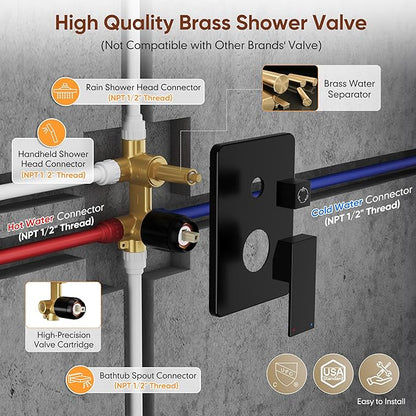 Shower System with Tub Spout, All Metal Matte Black Shower Faucet Set with Valve, 10'' Rain Shower Head with Handheld Spray, 59'' Shower Hose and Diverter, Wall Mounted Bath Tub Faucet Set