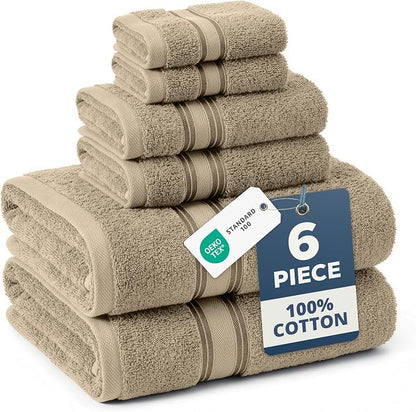 LANE LINEN Bathroom Towel Set 6 Piece Soft Absorbent Quick Dry - Taupe | Cotton Towel Set - Coordinated Colors, Dobby Border Accent, OEKO-TEX Certified, Zero-Twist Durability, Zero-Twist Cotton