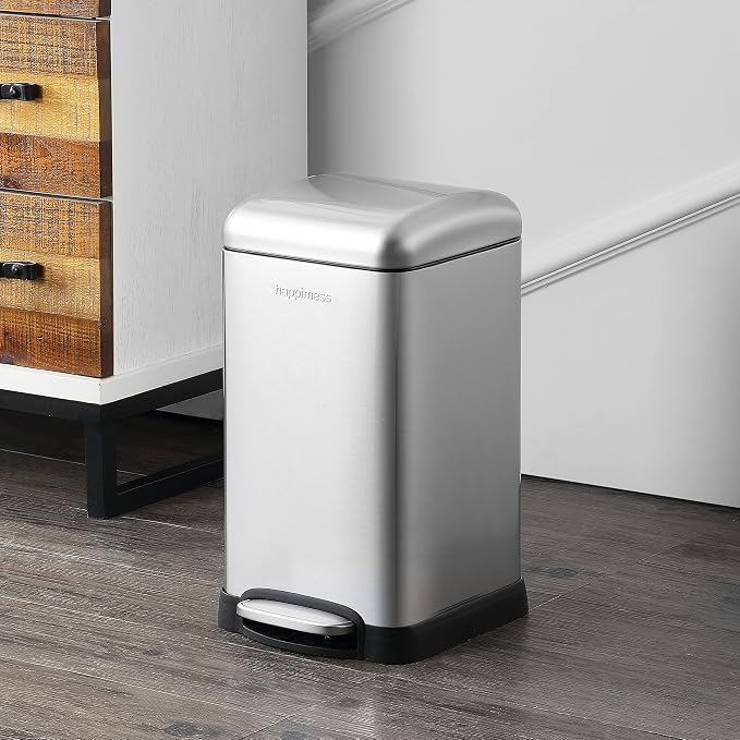 happimess Betty Retro Mini 3.2 Gal Step Trash Can, Platinum Silver | Soft-Close Lid, Fingerprint Proof, Removable Liner, Stainless Steel, Hands-Free Pedal