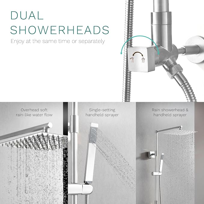 Polaris Lux Rain Shower System, includes 10” Square Rainfall Shower Head and Handheld Shower Combo, Height Adjustable Spray Holder, Retrofit, 60” Hose (2.5 GPM Chrome)