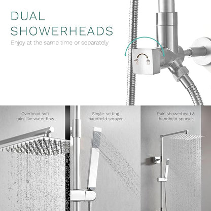 Polaris Lux Rain Shower System, includes 10” Square Rainfall Shower Head and Handheld Shower Combo, Height Adjustable Spray Holder, Retrofit, 60” Hose (2.5 GPM Chrome)