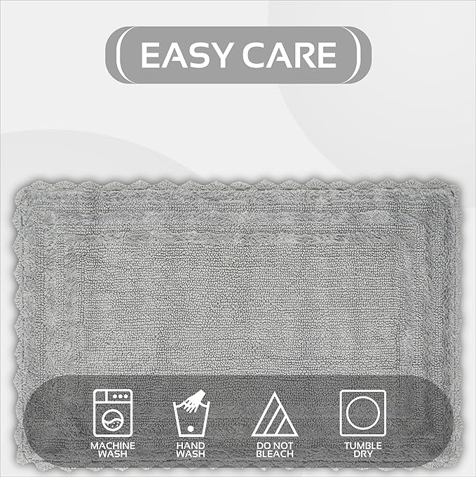 Better Trends 4 Piece Lilly Crochet Large Bath Mat Set 100% Cotton Soft Luxury Runner Bathroom Rug Reversible Absorbent Washable for Bathroom Floor Decor, Shower, Gray